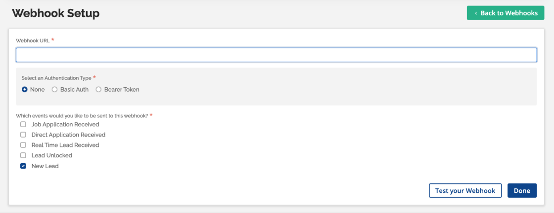 Webhook setup screenshot